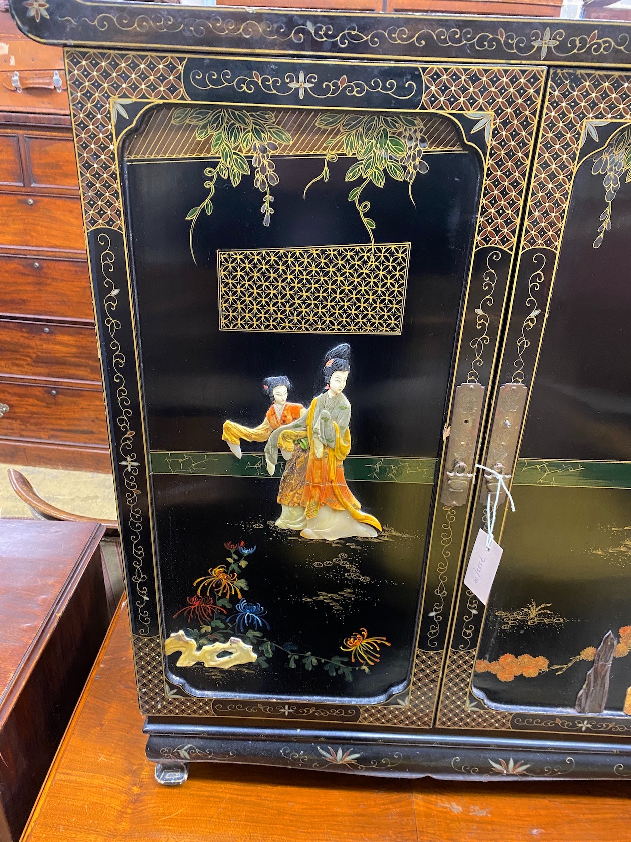 A Chinese black lacquer hardstone and composition mounted two door side cabinet, width 77cm, depth 41cm, height 90cm